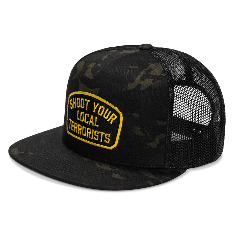 Load image into Gallery viewer, Shoot Your Local Terrorist Patch Flatbill Snapback Hat
