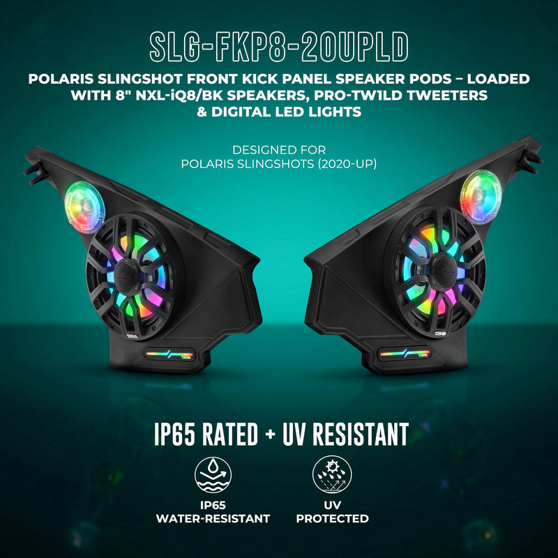 Load image into Gallery viewer, Polaris Slingshot Front Kick Panel Speaker Pods – Loaded with 8" NXL-IQ8/BK Speakers, PRO-TW1LD Tweeters &amp; Digital LED Lights | 2020 - Current
