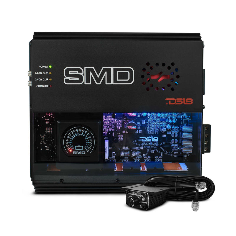 Load image into Gallery viewer, SMD 4-Channel Class AB Amplifier with VM-1 Voltmeter and Digital LED Lights 4 x 200W at 2-ohm - Steve Meade Designs
