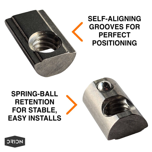 10S Self-Aligning Roll-In T-Nuts with Ball Spring – 304 Stainless Steel (1/4-20 Thread)