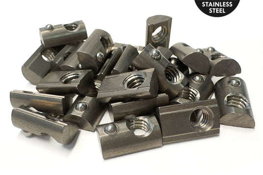 10S Self-Aligning Roll-In T-Nuts with Ball Spring – 304 Stainless Steel (1/4-20 Thread)