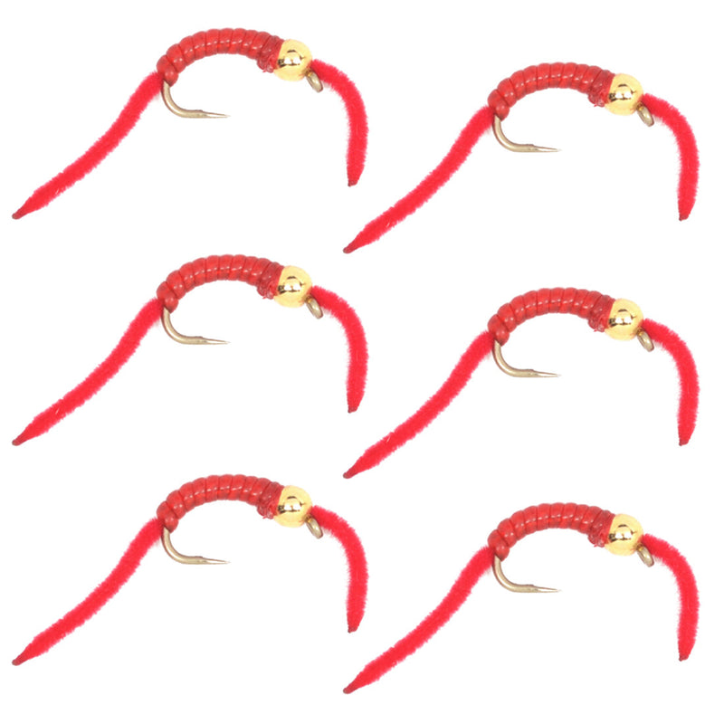 Load image into Gallery viewer, San Juan Worm Gold Bead Power Worm  Red V-Rib - Set of 6 Nymph Flies Hook Size 14
