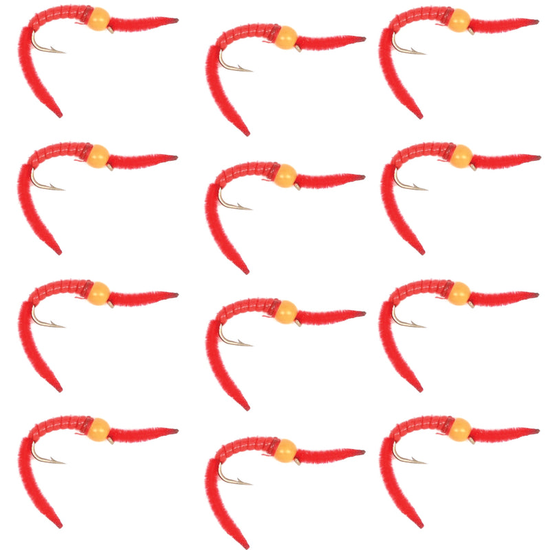 Load image into Gallery viewer, San Juan Worm Orange Bead Head Power Worm Red V-Rib - 1 Dozen Nymph Flies Hook Size 10
