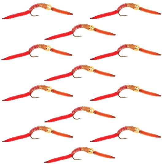 San Juan Worm Bead Head Power Worm Half and Half V-Rib - 1 Dozen Nymph Flies Hook Size 14