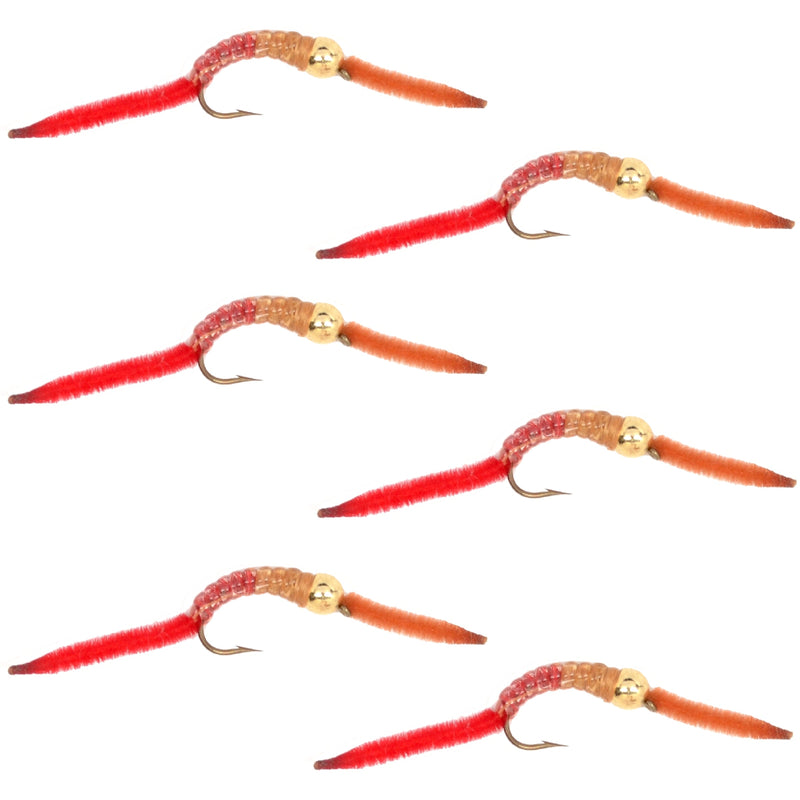 Load image into Gallery viewer, San Juan Worm Gold Bead Power Worm  Half and Half - Set of 6 Nymph Flies Hook Size 12
