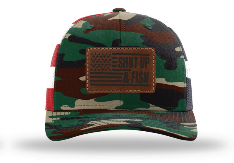 Load image into Gallery viewer, Shut Up &amp; Fish Flag Patch - Green Camo/USA Flag
