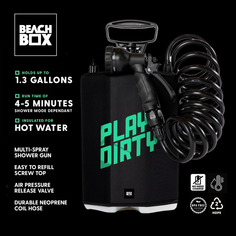 Load image into Gallery viewer, BeachBox Portable Shower Tank - &#39;Play Dirty&#39; / Black
