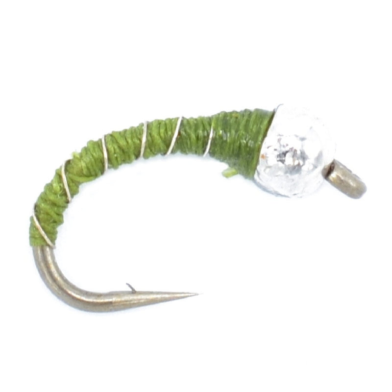 Load image into Gallery viewer, Bead Head Olive Zebra Midge Still Water Nymph Fly - 6 Flies Hook Size 14
