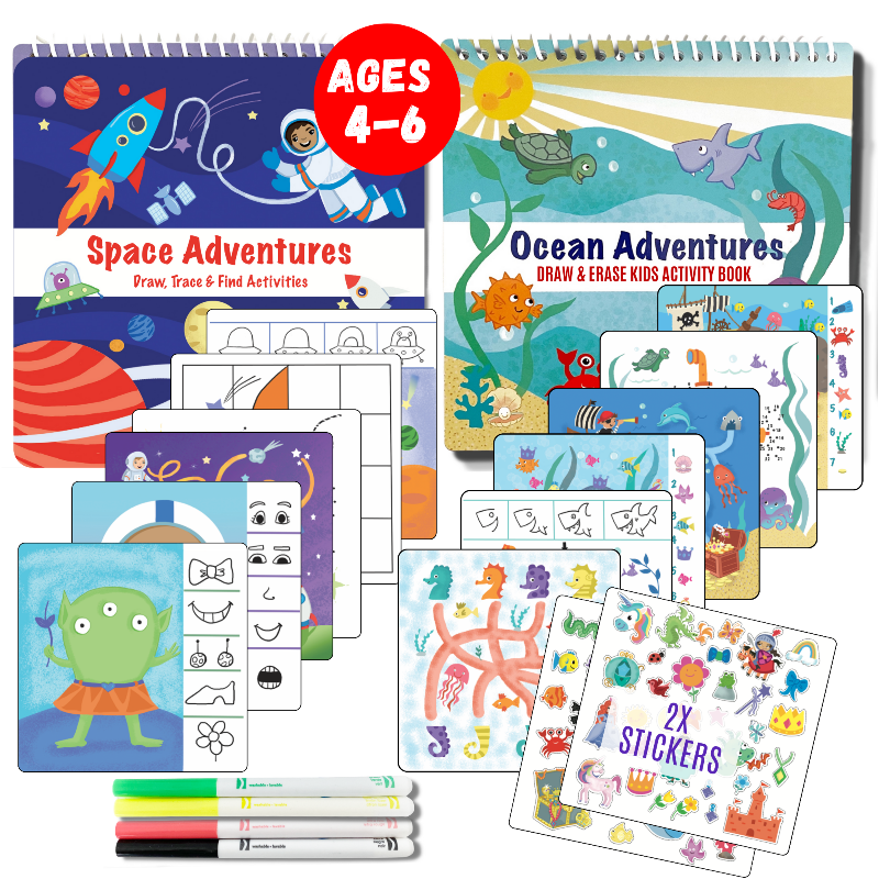 Load image into Gallery viewer, Small 7" Dry Erase Activity Book (incl. 2 Washable Markers &amp; Reusable Stickers)
