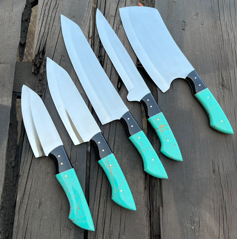 Load image into Gallery viewer, Stainless Knife Set – 8" Forged Stainless Steel Blade with Epoxy Resin Handle &amp; Leather Sheath
