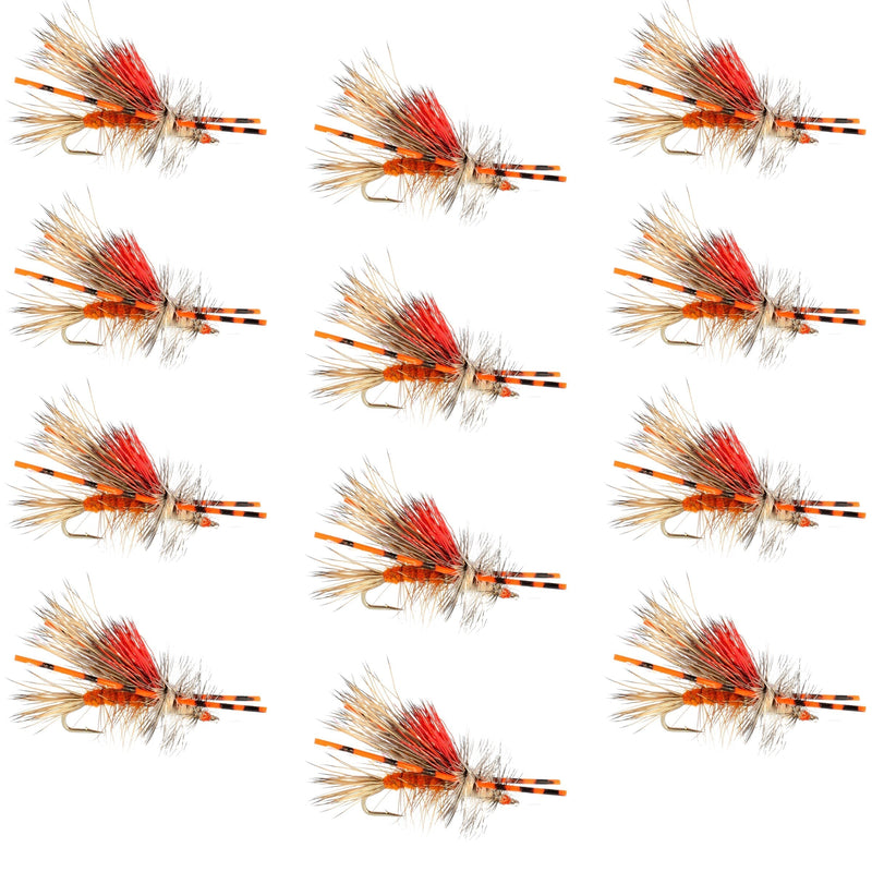 Load image into Gallery viewer, Kaufmann's Orange Crystal Stimulator Rubber Legs Dry Fly - 1 Dozen Flies Hook Size 10
