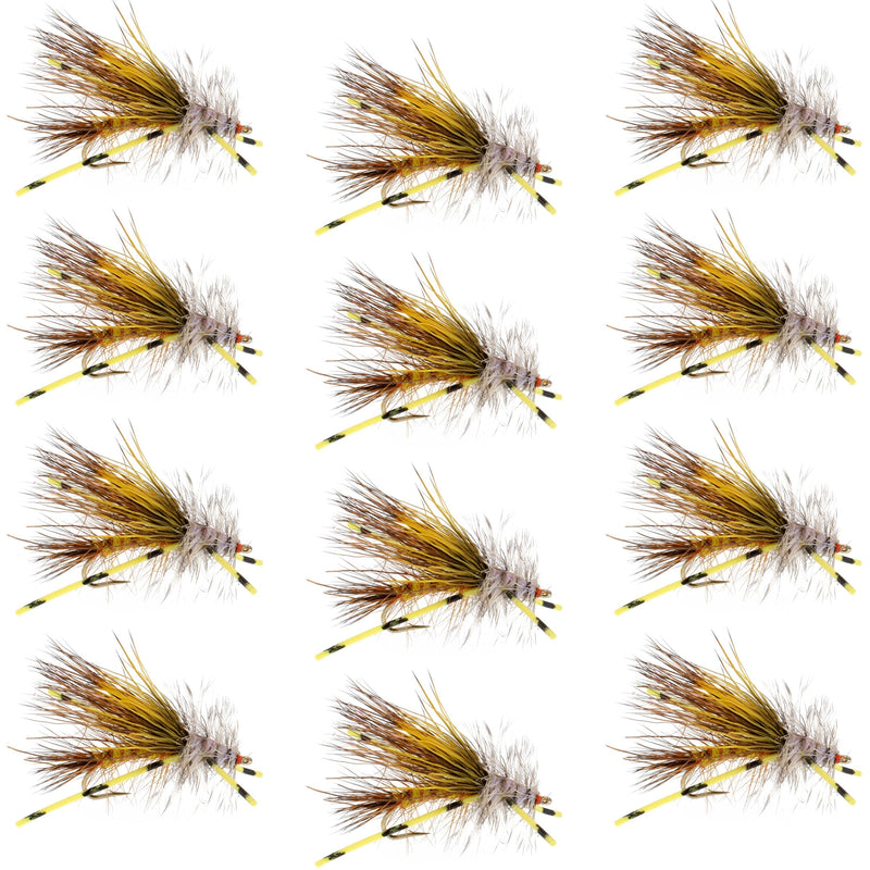 Load image into Gallery viewer, Kaufmann's Yellow Crystal Stimulator Rubber Legs Dry Fly - 1 Dozen Flies Hook Size 14
