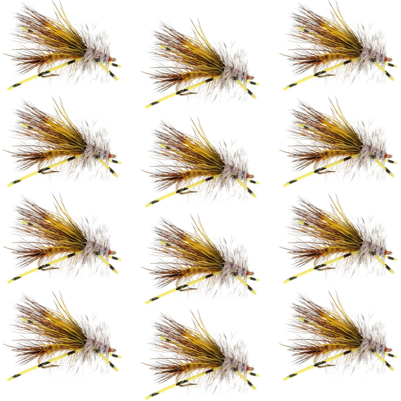 Load image into Gallery viewer, Kaufmann's Yellow Crystal Stimulator Rubber Legs Dry Fly - 1 Dozen Flies Hook Size 16
