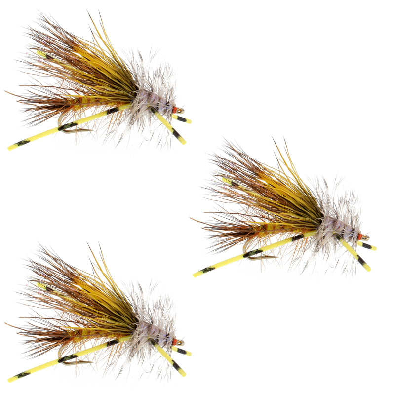 Load image into Gallery viewer, 3 Pack Kaufmann&#39;s Yellow Crystal Stimulator Rubber Legs Dry Fly - Hook Size 14
