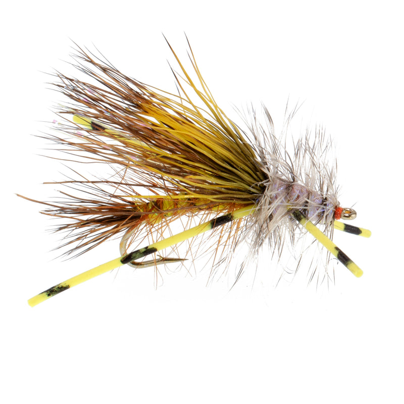 Load image into Gallery viewer, 3 Pack Kaufmann&#39;s Yellow Crystal Stimulator Rubber Legs Dry Fly - Hook Size 10

