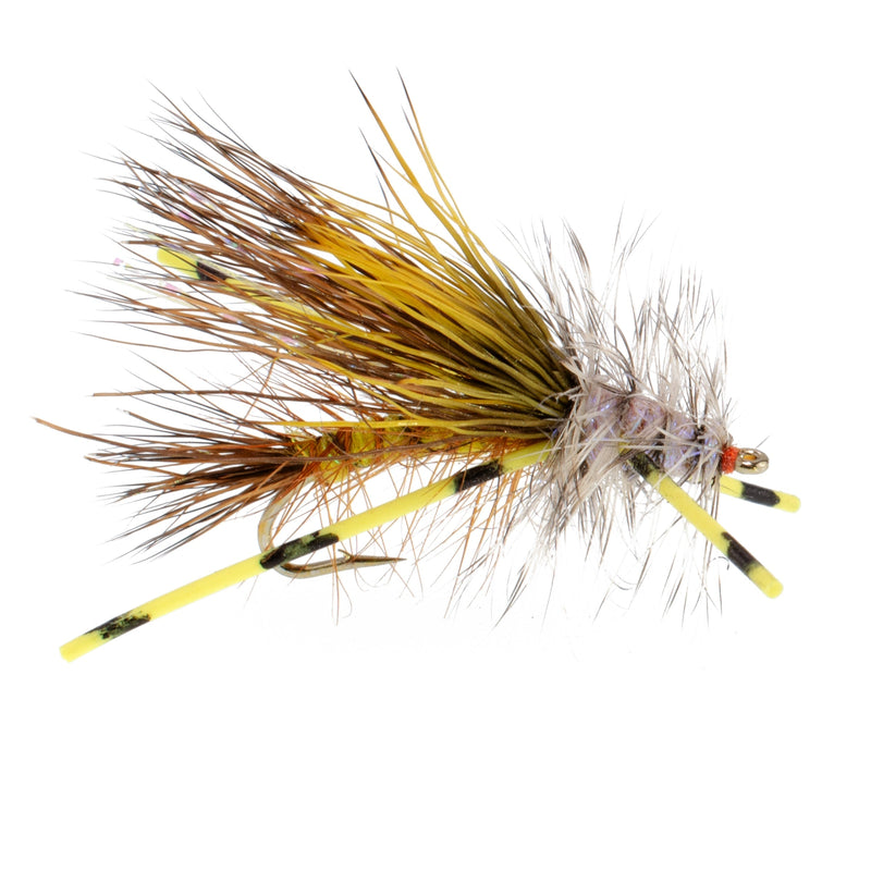 Load image into Gallery viewer, Kaufmann's Yellow Crystal Stimulator Rubber Legs Dry Fly - 1 Dozen Flies Hook Size 10
