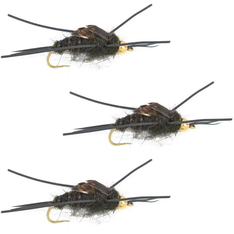 Load image into Gallery viewer, 3 Pack Barbless Gold Bead Kaufmann&#39;s Black Stone Fly with Rubber Legs - Stonefly Wet Fly - Hook Size 12
