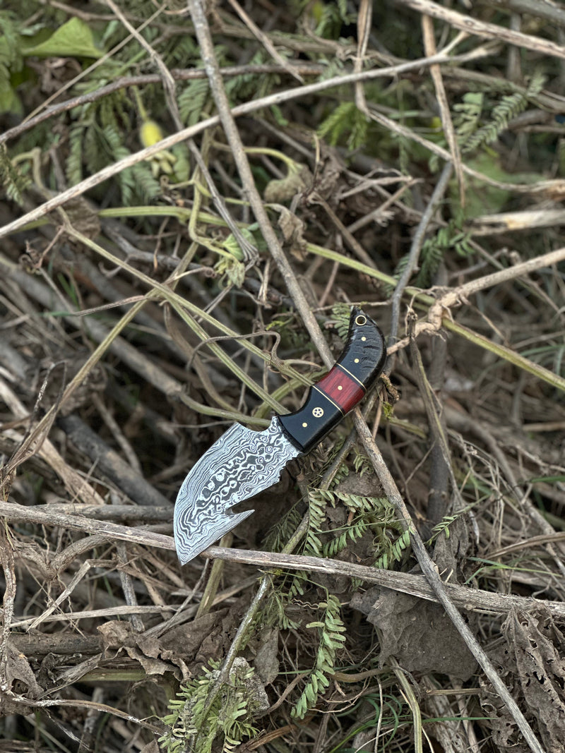 Load image into Gallery viewer, Premium Custom Handmade Damascus Steel Guthook Skinning Knife with Resin Handle - 7.5” Sharp Blade with Leather Sheath
