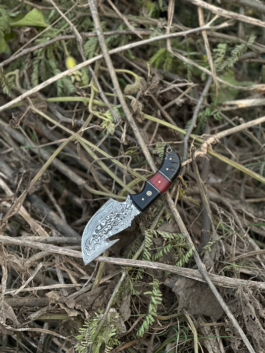 Premium Custom Handmade Damascus Steel Guthook Skinning Knife with Resin Handle - 7.5” Sharp Blade with Leather Sheath