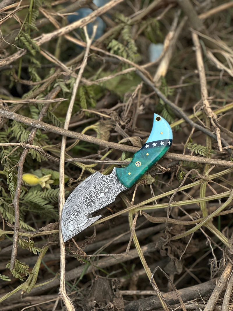 Load image into Gallery viewer, Elite Custom Handmade Damascus Steel Guthook Skinning Knife with Resin Handle - 7.5” Premium Blade with Leather Sheath
