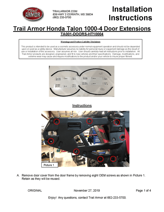 Trail Armor Lower Door Insert Kit for 2020-22 Honda Talon 1000X-4