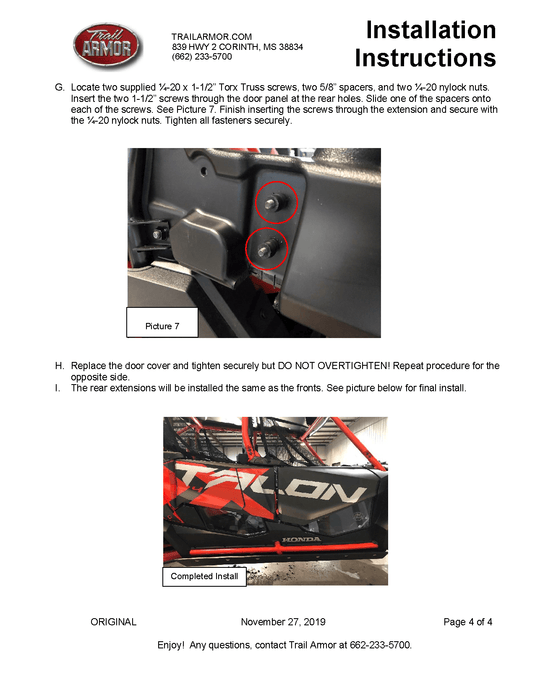 Trail Armor Lower Door Insert Kit for 2020-22 Honda Talon 1000X-4