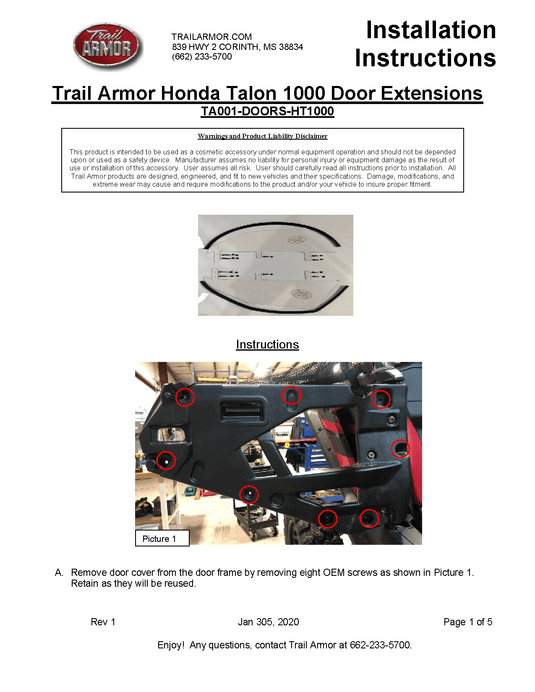 Trail Armor Lower Door Insert Kit for 2019-21 Honda Talon 1000
