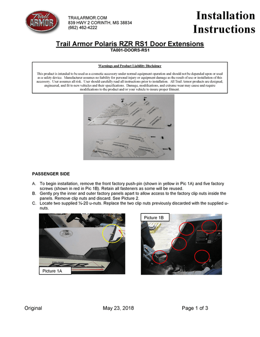 Trail Armor Upper Door Insert Kit for 2018 - 2020 Rzr RS1