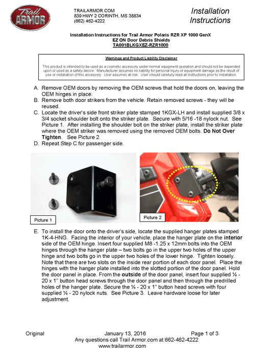 Trail Armor EZON GENX Doors for 2015-20 Polaris RZR 900 / 1000 S Models