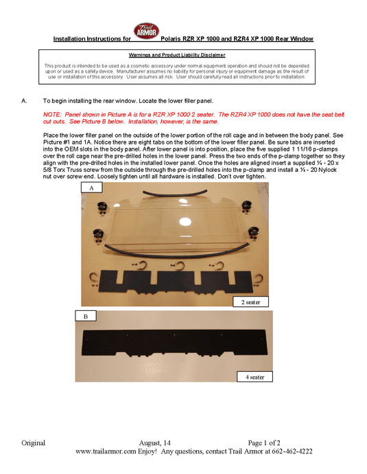 Trail Armor Polaris Hard Rear Window for 2014-22 RZR 4 XP 1000 Model