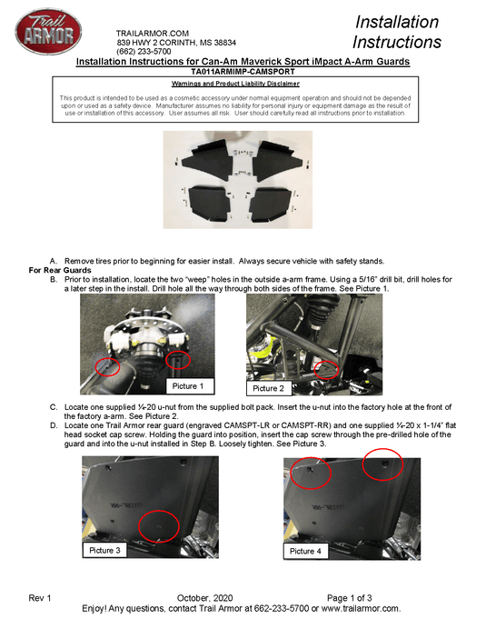 Trail Armor A-Arm Guards for 2019-23 Can-Am Maverick Sport / Commander