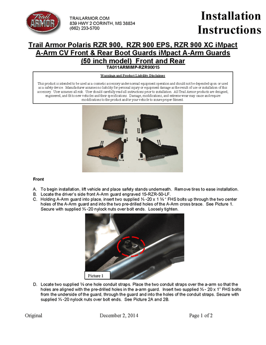 Trail Armor Ultimate iMpact A-Arm Guards Front and Rear for 2015-22 Polaris RZR Model
