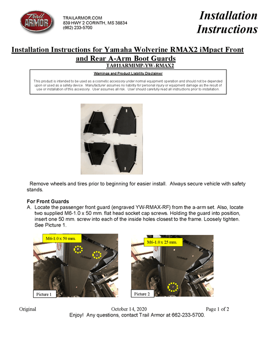 Trail Armor iMpact A-Arm Guards for 2021+ Yamaha Wolverine RMAX2 Model