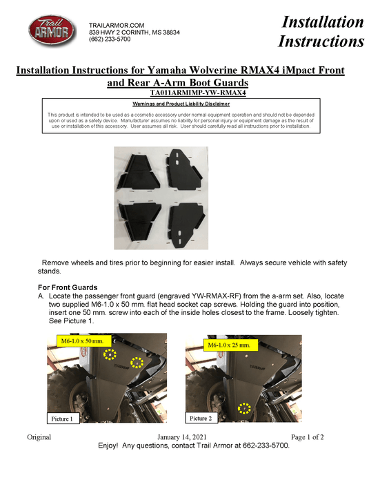 Trail Armor iMpact A-Arm Guards for 2021+ Yamaha Wolverine RMAX4 / RMAX4 1000 Model
