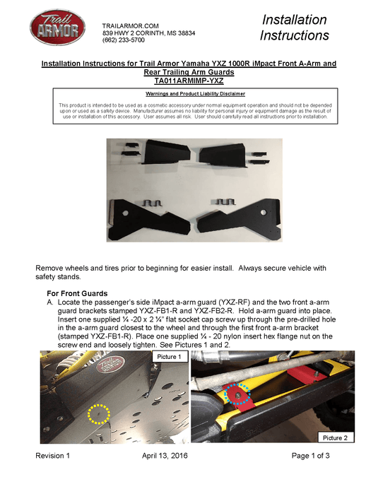 Trail Armor iMpact A-Arm Trailing Arm Guards for 2016-23 Yamaha YXZ1000R