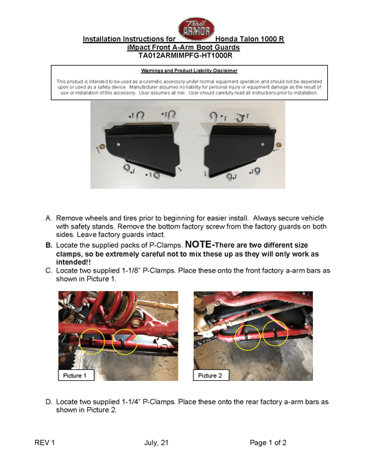 Trail Armor Front A-Arm Impact Guards for Honda Talon 1000 R