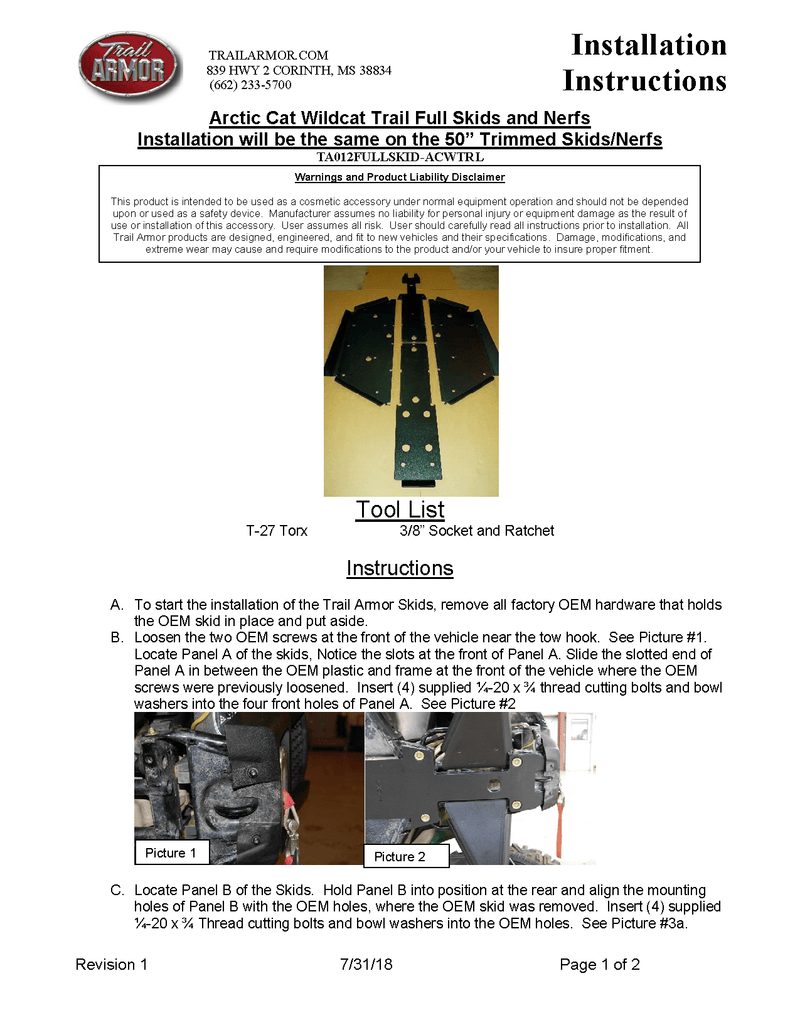 Load image into Gallery viewer, Trail Armor Skid Plates for 2014-19 Wildcat Sport / Trail XT Limited
