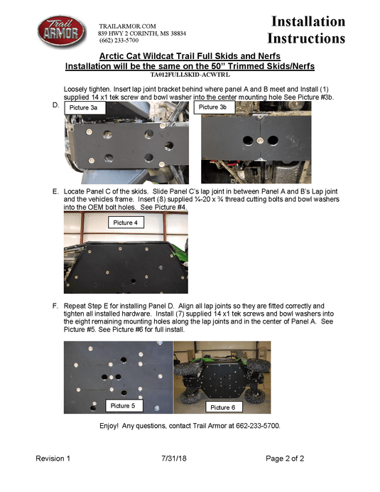 Trail Armor Skid Plates for 2014-19 Wildcat Sport / Trail XT Limited