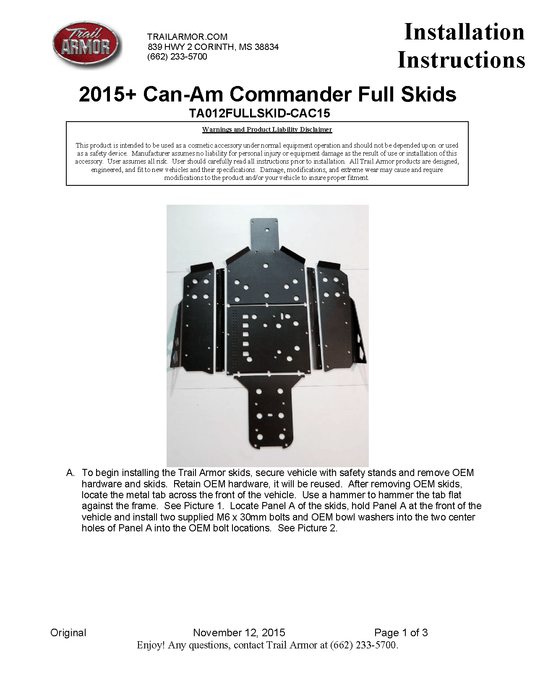 Trail Armor Skid Plates for 2015-20 Can-Am Commander 800/ DPS/ XT /1000