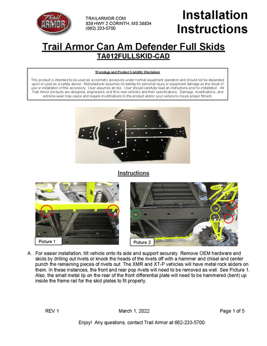 Trail Armor Skid Plate for 2016-25 Can-Am Defender HD Models