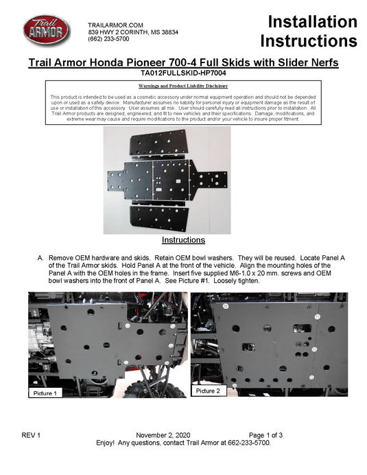 Trail Armor Full Skids Honda for 2014- 21 Pioneer 700