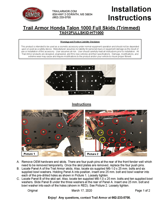Trail Armor Full Skid Plate for 2019+ Honda Talon X / R