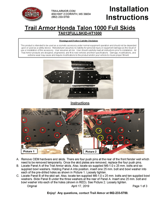Trail Armor Full Skid Plate for 2019+ Honda Talon X / R
