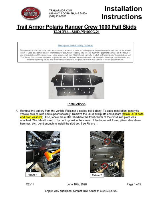 Trail Armor Polaris Ranger 1000 Crew Full Skids 2021 - 2026