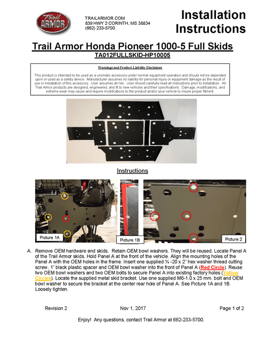 Trail Armor Full Skids for 2016-22 Honda Pioneer 1000