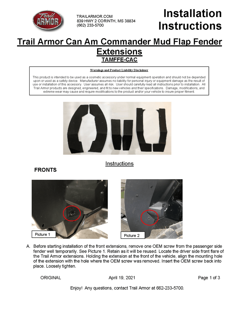 Load image into Gallery viewer, Trail Armor Mud Flap Fender Extensions for 2021-22 Can-Am Commander XT / DPS / Max
