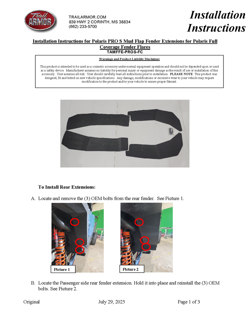 Load image into Gallery viewer, Trail Armor 2025 RZR Pro S and Pro S 4 Mud Flap Fender Extensions Mud Flap Fender Extensions
