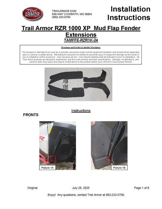 Trail Armor 2024 - 2025 RZR XP 1000 and RZR XP 4 1000 (Sport, Premium, Ultimate) Mud Flap Fender Extensions