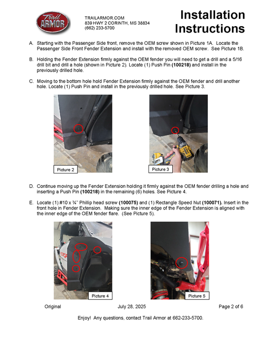 Trail Armor 2024 - 2025 RZR XP 1000 and RZR XP 4 1000 (Sport, Premium, Ultimate) Mud Flap Fender Extensions