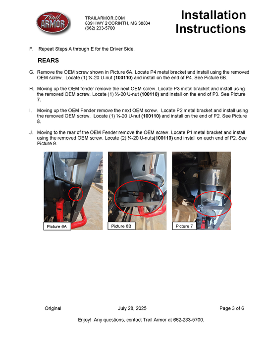 Trail Armor 2024 - 2025 RZR XP 1000 and RZR XP 4 1000 (Sport, Premium, Ultimate) Mud Flap Fender Extensions
